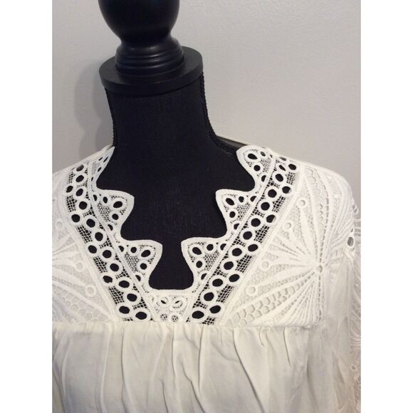 Cactus And Pearl Medium White Pleated Tunic Top Ruffled Lace Sleeves Bib Collar - Picture 5 of 6